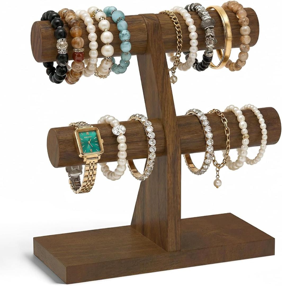 EsLuker.ly Bracelet Holder Display Wooden Stand Organizer, T Bar Bangle Storage Rack for Home Vendors Business Selling, Large Capacity 2 Tier Jewelry Tree Tower for Watches, No Clutter, Brown