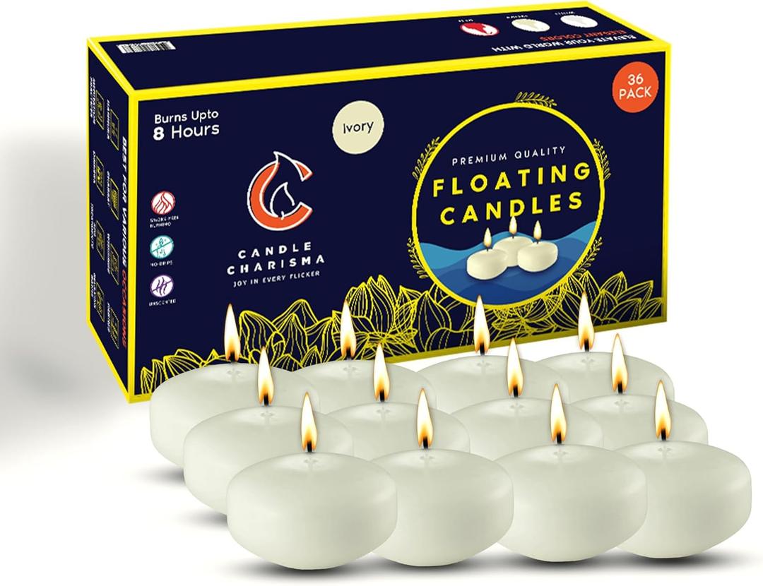 Candle Charisma Ivory Floating Candles 3 Inch (Set of 36)  8-Hour Dripless, Smokeless Burn with Natural Flickering Flame  Perfect for Weddings, Centerpieces, Pool Nights & Special Events