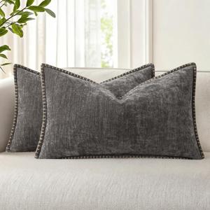 decorUhome Chenille Soft Throw Pillow Covers 12x20 Set of 2, Lumbar Velvet Farmhouse Neutral Decorative Pillow Covers with Stitched Edge for Couch Sofa Bed Home Decor, Dark Grey