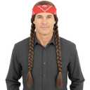 AMZCOS Long Brown Braided Wig with Bandana for Mens 60s Hippie Costume Halloween Party (Brown)