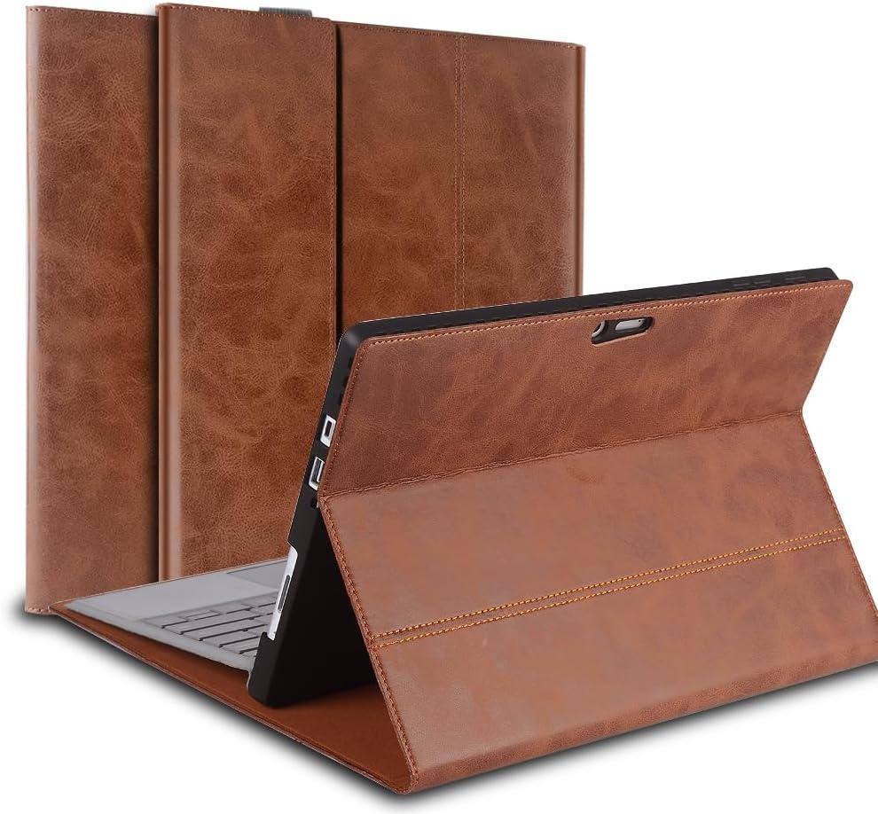 for Microsoft Surface Pro 4/5/6/7/7 Plus + 12.3 inch Case 2015/2017/2018/2019/2021 Genuine Leather Cover Protective Shell Compatible with Type Cover Keyboard and Pencil Holder, Brown
