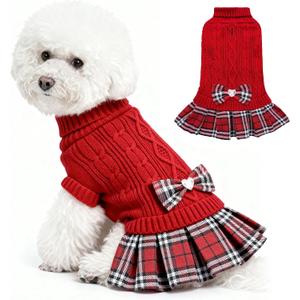 WOYYHO Girl Dog Sweater Dress with Bowtie Turtleneck Small Dogs Sweater with Leash Hole, Knitted Small Dog Sweaters Dress Puppy Winter Clothes for Yorkies Chihuahua (Medium, Red) (Medium (9-15 Lbs))