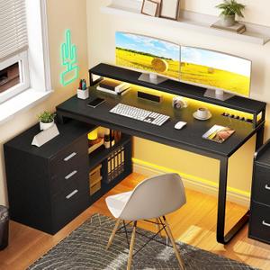 YITAHOME L Shaped Desk with Drawers, 55" Corner Computer Desk with Power Outlets, L-Shaped Desk with LED Lights & File Cabinet for Home Office, Black