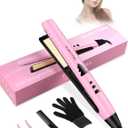 Lightweight 2 in 1 Hair Straightener & Curler, Titanium 3D Floating Plates 15s Instant Heating, Negative Ion Tech for Smooth Hair, Mini Portable with Pouch & Anti-Scald Glove, Pink
