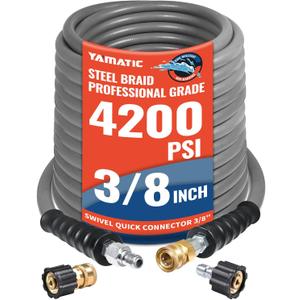 YAMATIC Non Marking 3/8" Pressure Washer Hose 100FT 4200 PSI, Kink Resistant Swivel 3/8" Quick Connect, Rubber Steel Braided Wear Resistant Industry Grade for Hot/Cold Water Gas Power Washer