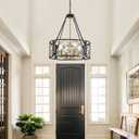 20'' Farmhouse Chandelier, 4-Light Black and Gold Dining Room Light Fixture Over Table, Rustic Industrial Drum Hanging Pendant Lights Fixture for Kitchen Island Living Room Bedroom Hallway Entryway