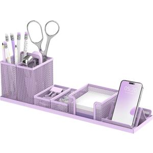 SUPEASY Pen Holder for Desk, 6 Piece Mesh Desk Organizer set for Office Organization with Mail Organizer, Letter Phone Holder, Sticky Notes Caddy Storage, Purple