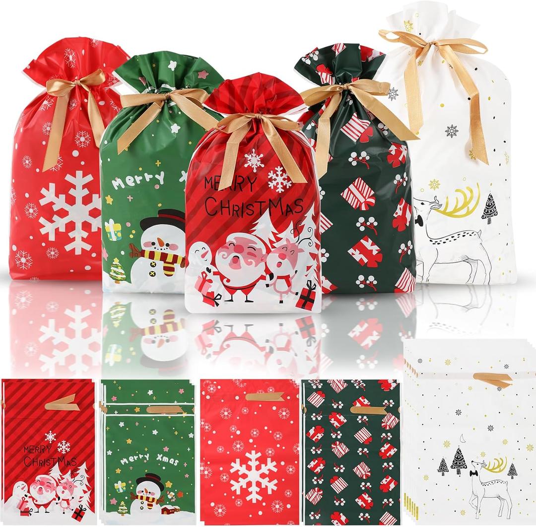 KESIKA 15PCS Christmas Drawstring Gift Bags - Assorted Sizes from Medium to Jumbo, with Colorful Designs & Tags, Ideal for Holiday Wrapping & Decorations Party Favors