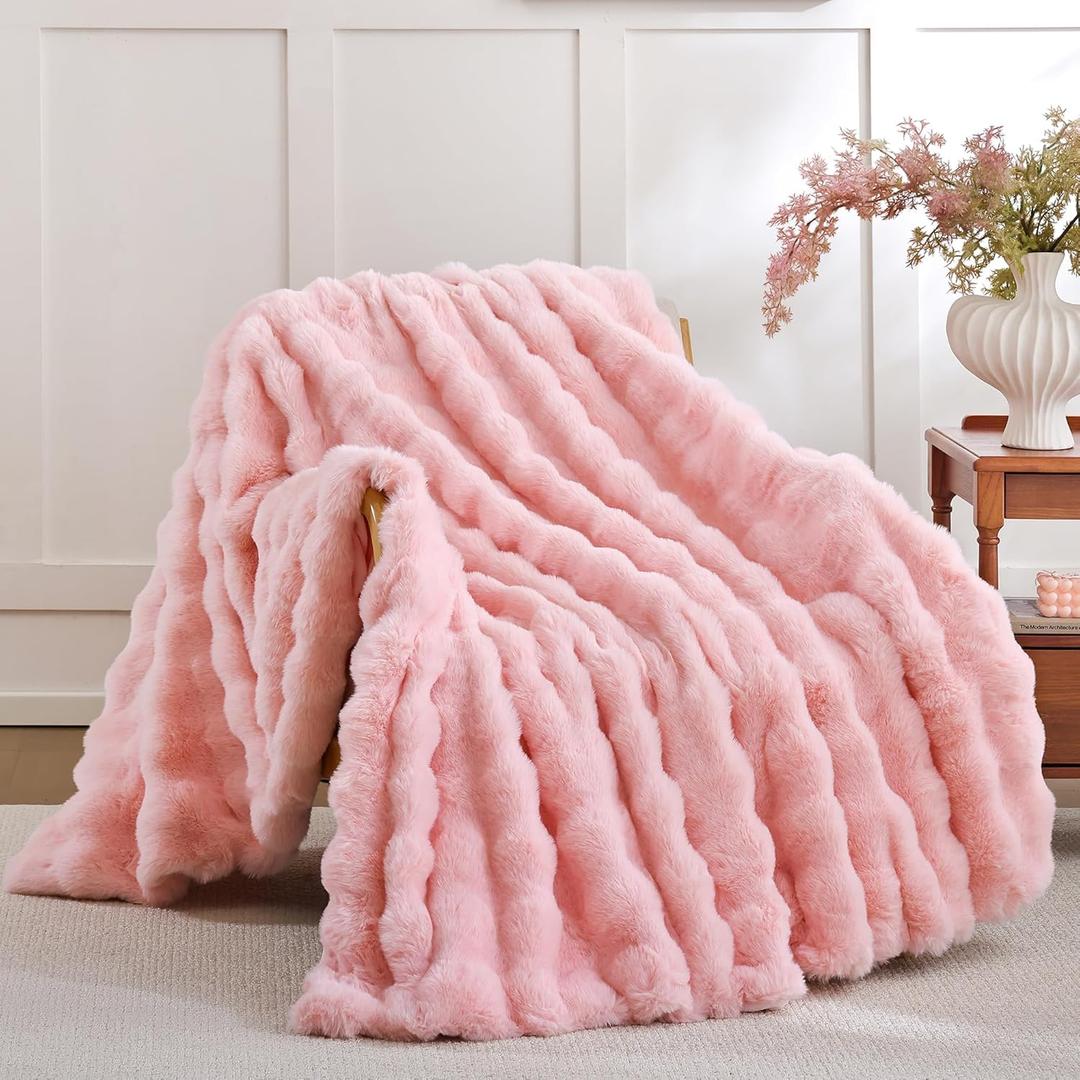 Smoofy Faux Fur Throw Blanket for Couch  Blush Pink Fluffy Cozy Rabbit Fleece, Plush Soft Bubble Blanket for Sofa & Bed, for Mom, Warm Fuzzy Home Room Decor Throw 60" x 80"