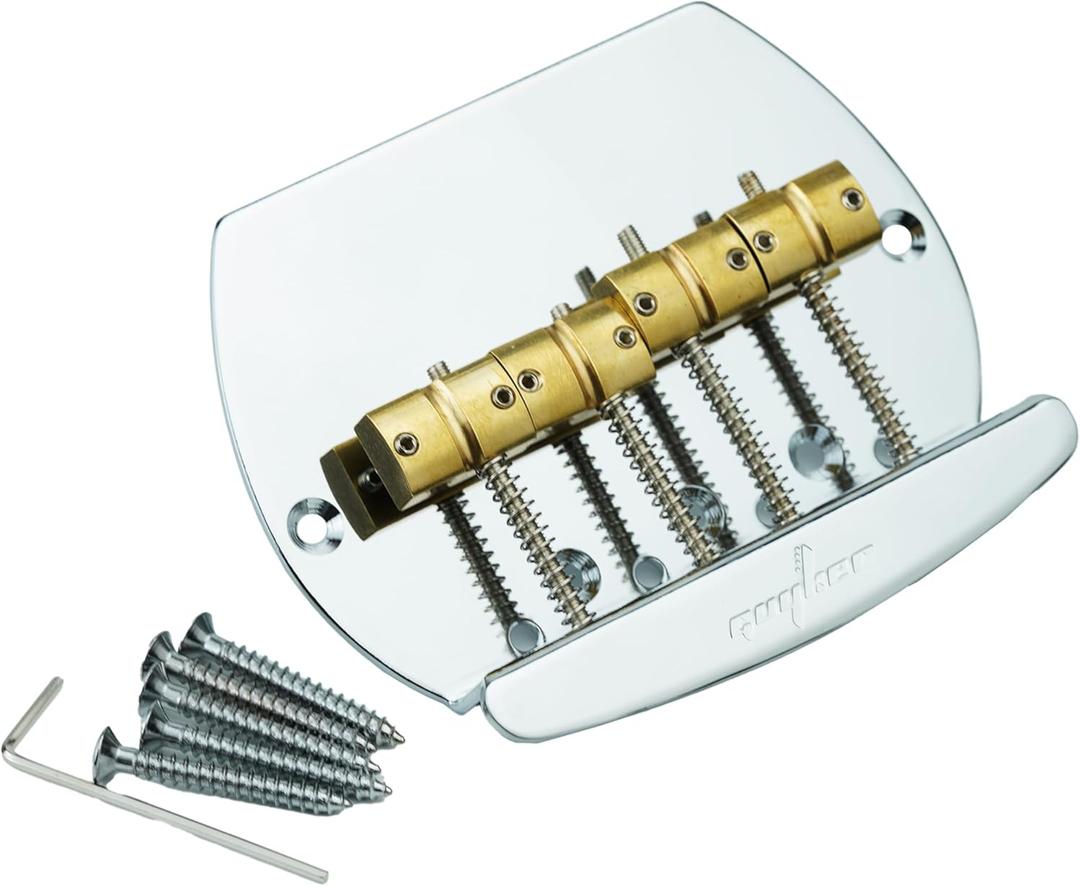 Guyker Bass Bridge String Spacing 19.3mm, 4 String Fixed Bass Bridge with Solid Brass Saddle & Iron Plate (GB1007, Chrome)