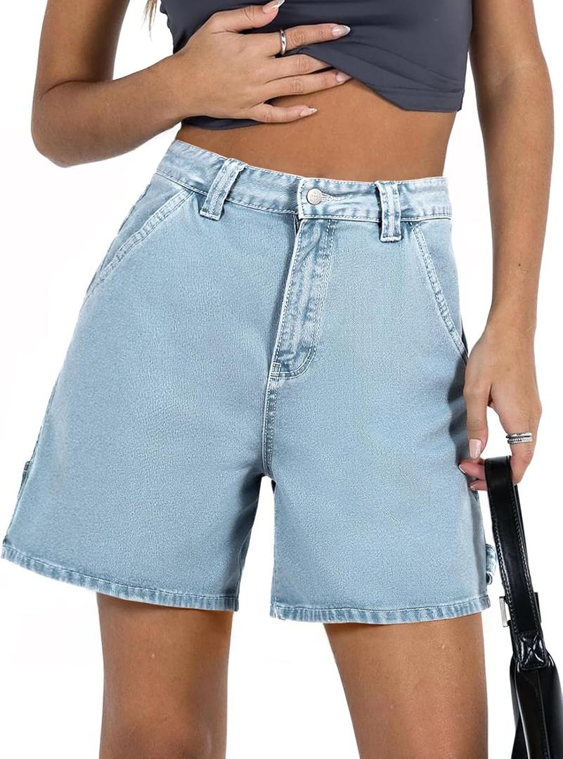 PLNOTME Womens High Waisted Denim Shorts Summer Casual Button Down Baggy Jean Shorts with Pockets (Blue)