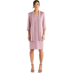 R&M Richards Women's Formal 2-Piece Metallic Rib Knit Pleated Jacket & Shift Dress Set with Necklace for Mother of the Bride, Mauve Size 14