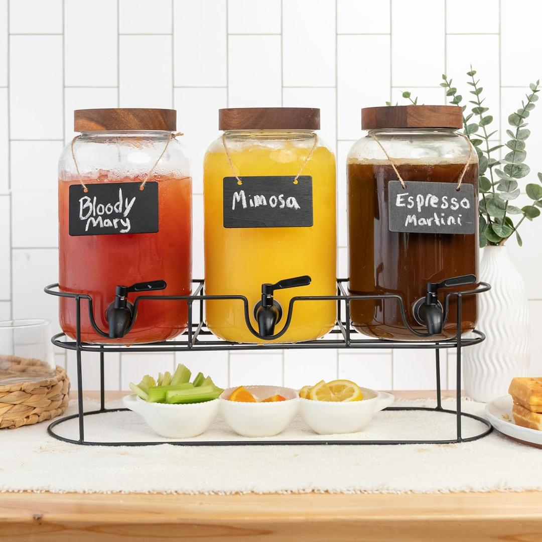 Ilyapa Glass Drink Dispenser for Parties - 3 Pack, 1 Gallon Triple Beverage Multi Drink Dispenser with Stand, Wood Tops and Black Stainless Spigots