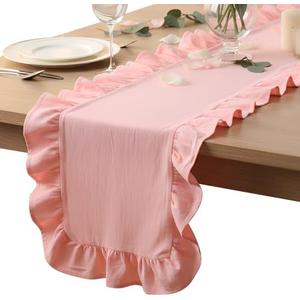 Oudain Pink Ruffle Table Runner Cotton Fabric 118 x 13.8'' Farmhouse Rustic Ruffled Edge Table Runner Wedding Decor for Spring Baby Shower Bridal Shower Party