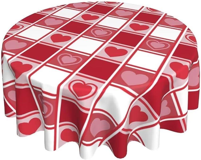 Valentine's Day Round Tablecloth 70x70 Inch, Checkered Love Hearts Tablecloths Stain Resistance Polyester Table Cloth for Holiday Parties Kitchen Dining Indoor Outdoor