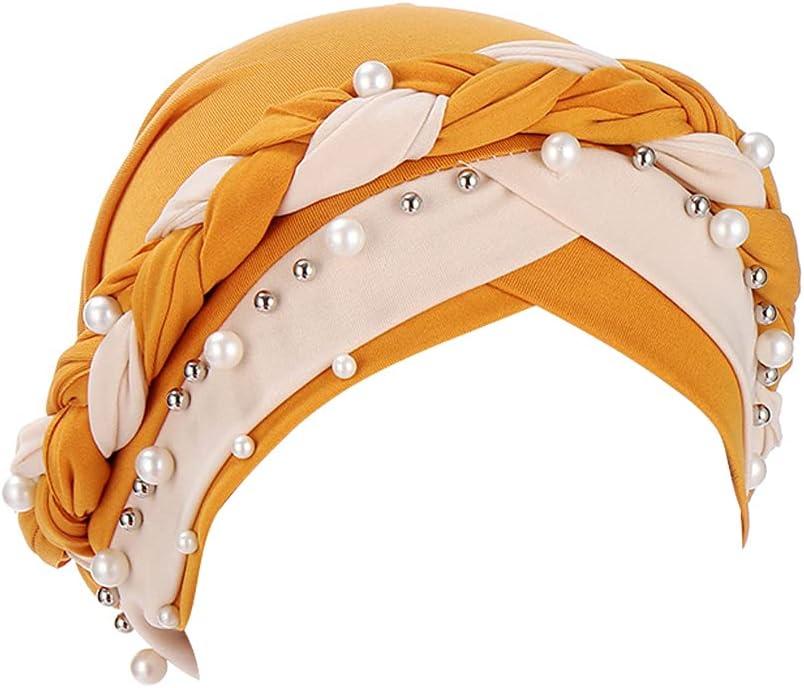 Fxhixiy Women Hijab Beading Pearl Braid Turban Hat Head Scarf Cancer Chemo Beanies Bandana Headwrap Cap (Yellow Beige)