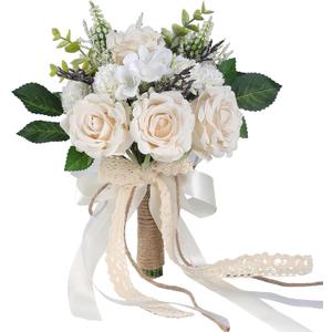 Wedding Bouquets for Bride Bridesmaid,White Champagne Artificial Roses Flowers for Wedding Church Decoration (6.5in)