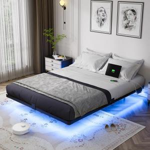 OLEVS Floating Bed Frame Queen Size with Smart LED Lights and Charging Station - Modern Metal Platform Bed, Easy Assembly No Box Spring Needed