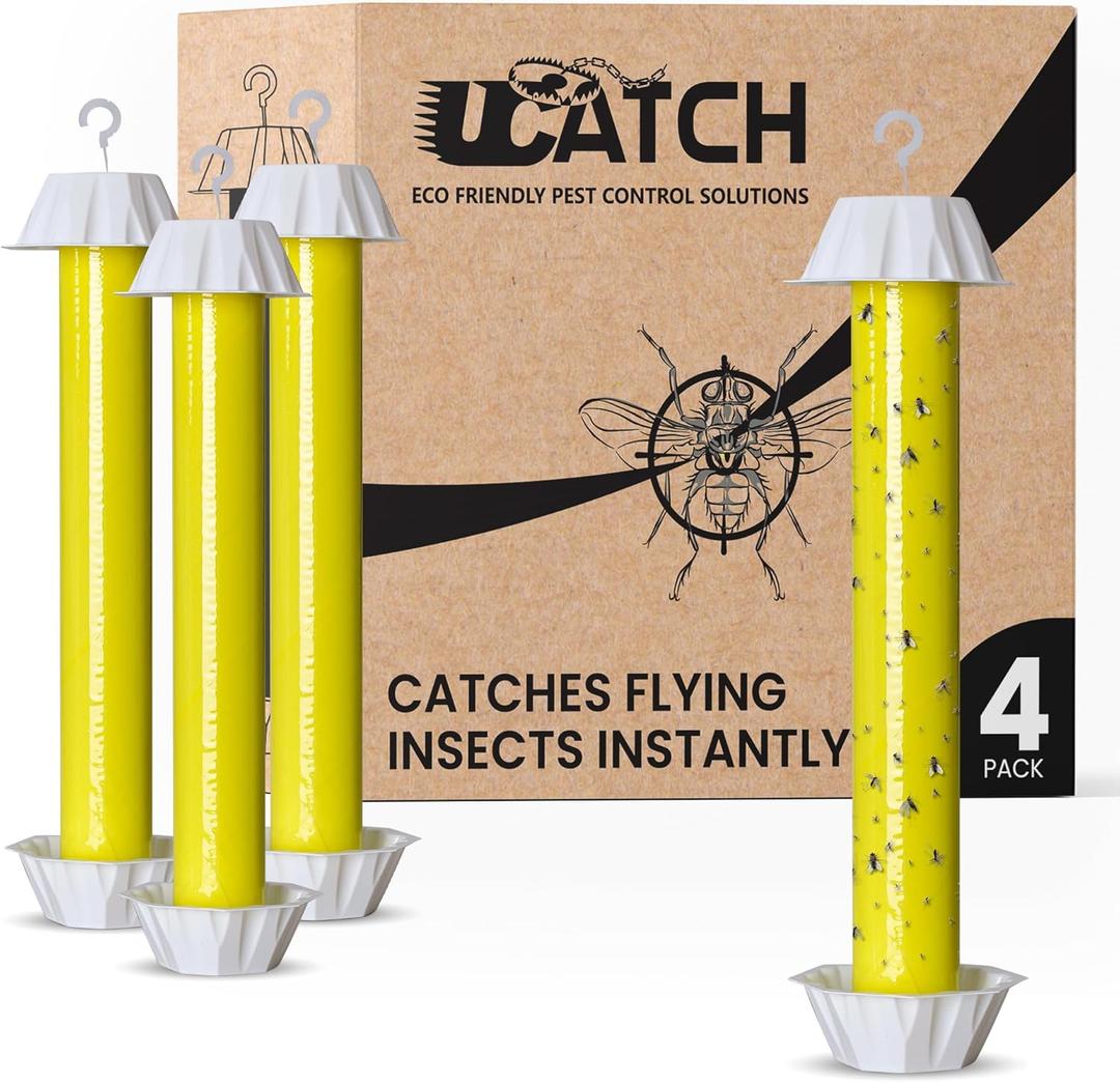 Sticky Fly Trap Indoor & Outdoor Pack of 4 | Hanging Fly Stick for Gnats, Flies, Wasps, Mosquitoes & Other Flying Bugs | Fly Trap Sticky | Home Pest Control | Flying Insect Trap Rolls | Ucatch