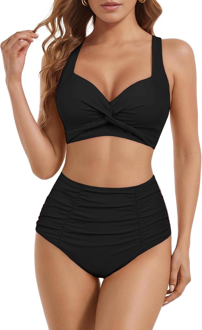 Bikini Swim Suits for Womens Sexy Cross Knotting V-Neck with High Waisted Ruched Tummy Control Bathing Swimsuits 2026 (Medium, C01-black)
