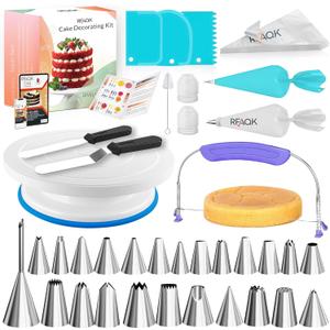 RFAQK 90PCs Cake Decorating Kit with Leveler, Baking Supplies Gift Includes Cake Stand Turntable, 24 Numbered Icing Tips, 55+1 Piping Bags, 2 Frosting Spatulas, 3 Scrappers, Video Course & Booklet