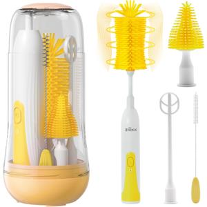 Electric Bottle Brush Cleaner, Portable Electric Baby Bottle Brush Cleaner for Travel, Rechargable Travel Bottle Cleaner Kit with Nipple & Straw Brush, Perfect Mom Essentials After Birth Gift, Yellow (Round Model for Home Use)