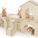 Extra Large Wooden Bunny Castle, Ventilated Rabbit Castle Hideaway with Stairs, Detachable Small Animal Hideout & Habitats for Indoor Outdoor Dwarf Rabbits Bunnies to Hide & Play