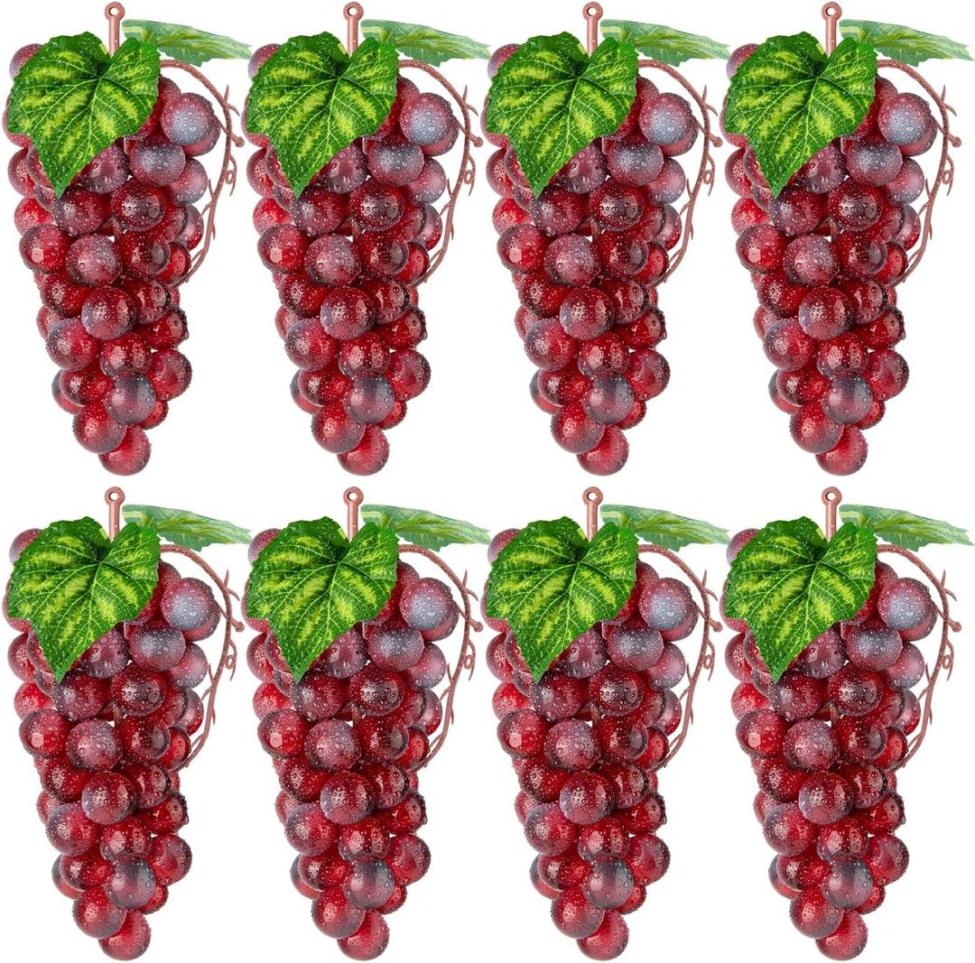 CLESDF Artificial Red Grapes, 8 Bunches Fake Lifelike Fruit Plastic Simulation Grapes for Wedding Home Kitchen Party Decor Photography Prop