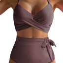 Dokotoo Women's High Waisted Floral Bikini Sets Swimsuit Suit for Women 2025 Tummy Control Bathing Suit Swimwear for Summer (Medium, Chicory Coffee)