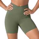 ODODOS Cloud Feeling Crossover Biker Shorts with Back Pocket for Women, 6" Inseam V High Wasit Lounge Yoga Shorts, Dark Olive, Medium (Green, M)
