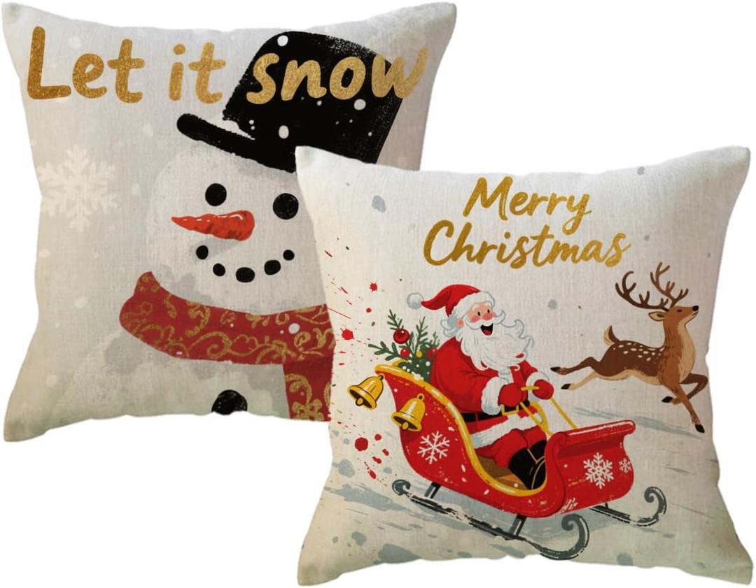 ULOVE LOVE YOURSELF Merry Christmas Decorative Throw Pillow Covers Let It Snow Cushion Covers Santa and Snowman Farmhouse Winter Holiday Decor Pillowcases 18 x 18 Inch,2Pack for Sofa Couch(Beige)