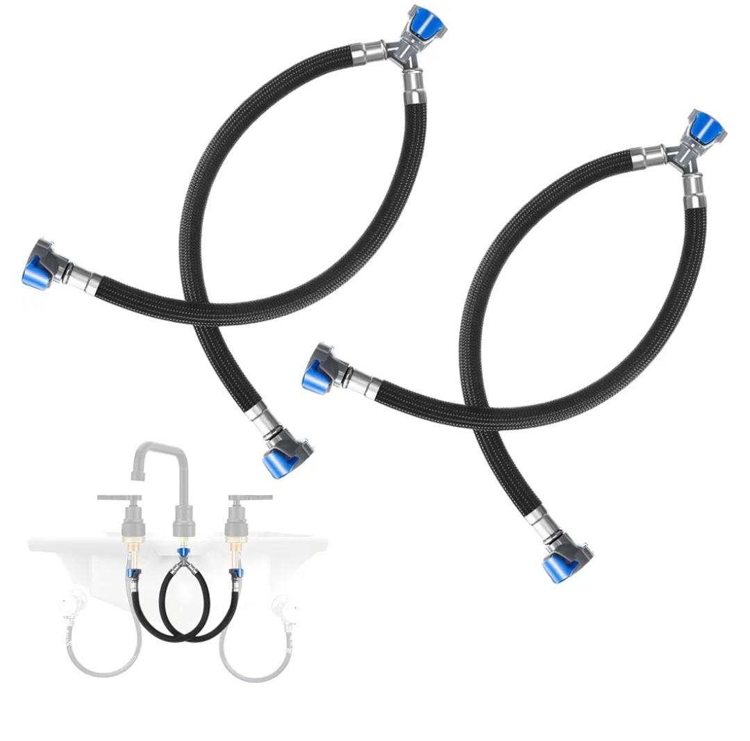 2 Pcs 12 Inch Quick Connect Water Hose Faucet Supply Lines Hot & Cold Water Mixer Line Replacement V-shape Widespread Bathroom Sink Faucet Y Hose with Snap-in Fast Lock Pipe(Black Blue)