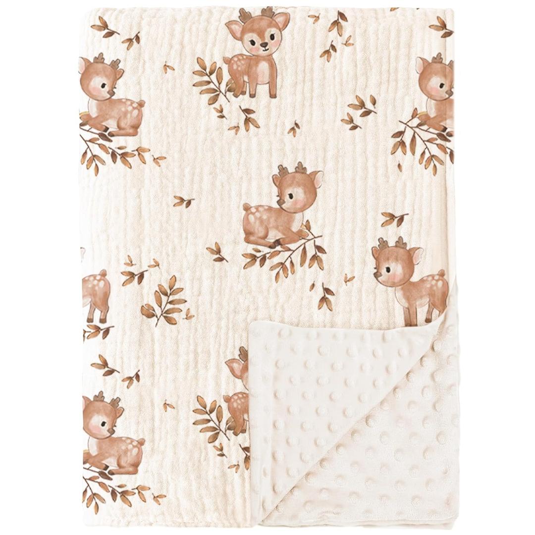 Konssy Baby Blankets for Unisex Boys Girls, Super Soft Nursery Minky Blankets with Muslin Cotton Front and Dotted Fleece Backing, Printed Bed Throws Newborn