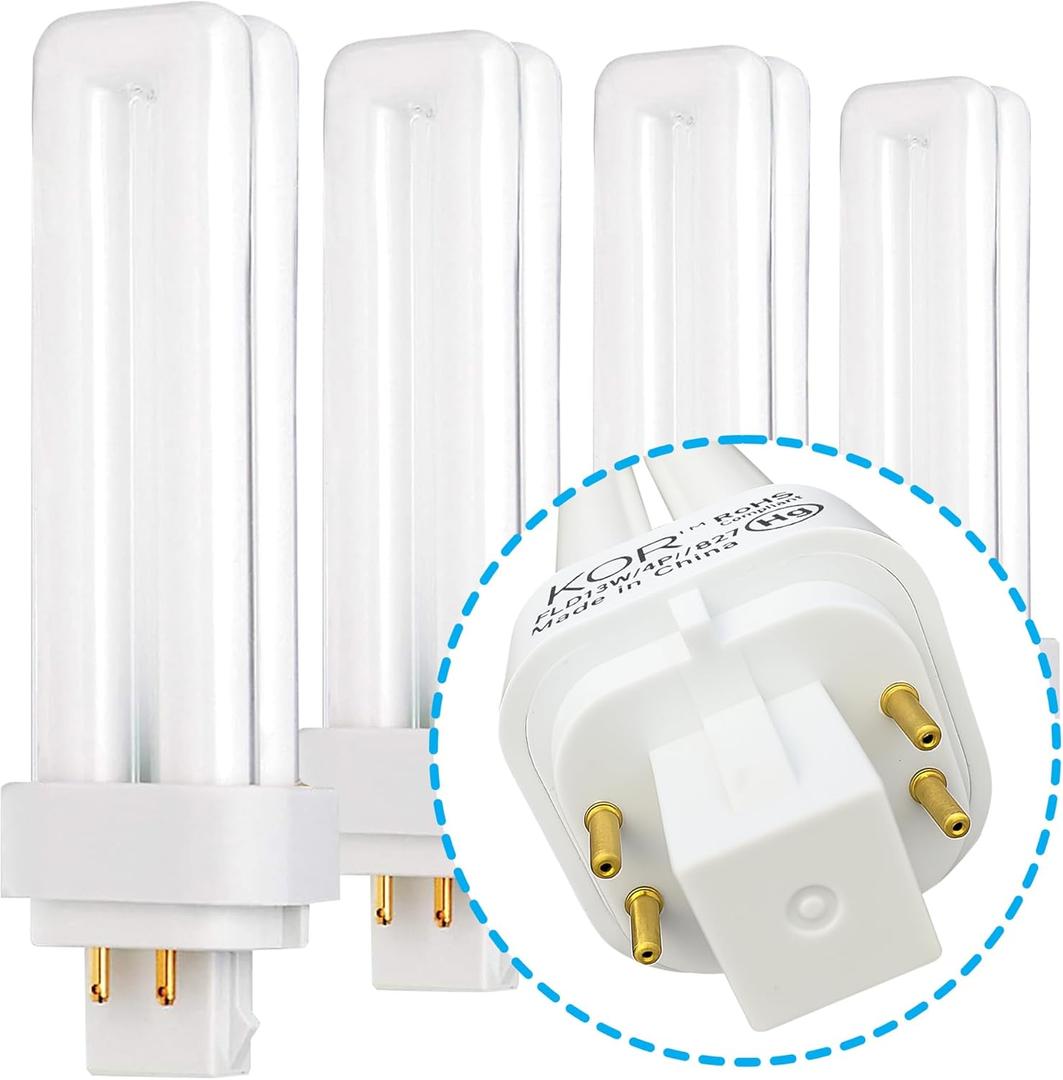 KOR - 13 Watt Double Tube - G24Q-1 (4 Pin) Base, 2700K Warm White - CFL Light Bulb. Replaces Sylvania 20682 CF13DD/ E/ 827 and GE 97594 F13DBX/ 827/ ECO4P - 4 Pack (Warm White)