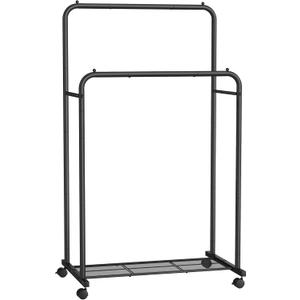 SONGMICS Double Rods Clothes Rack with Wheels, Clothing Rack for Hanging Clothes, Heavy Duty Garment Rack with Mesh Storage Shelf, 2 Brakes, Each Top Rail Holds up to 77 lb, Black UHSR26BKV1
