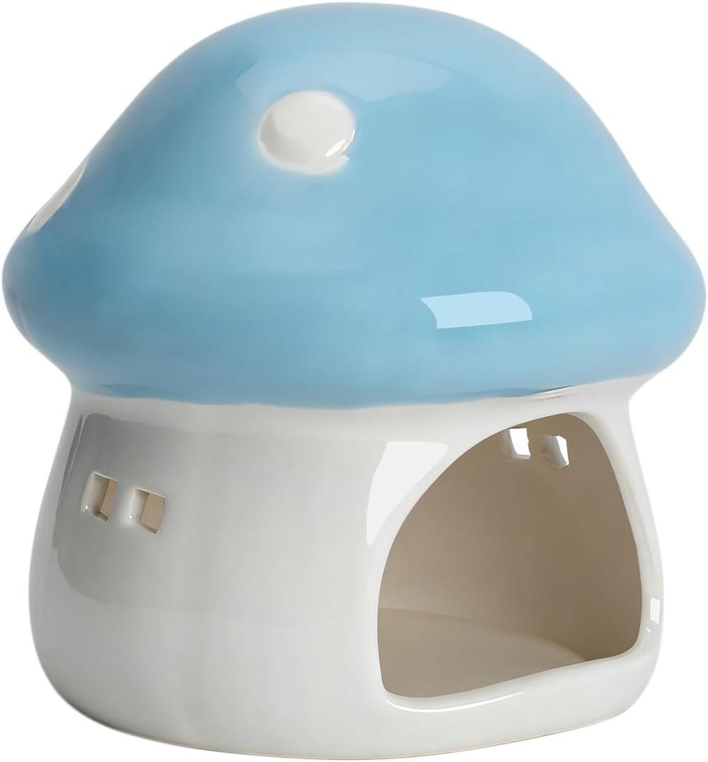 PENCK Cute Aquarium Mushroom House Betta Fish Tank Accessory Decor Mini Ceramic Fish Hideout Shrimp Cave Ornament (Blue)