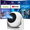 Mini Projector with WiFi and Bluetooth, 4K Support 180 Rotation, Auto Focus & Keystone Portable Projector with Built-in Apps and Speaker, Home Movie Projector Compatible with TV Stick/Phone/Laptop (White ball)