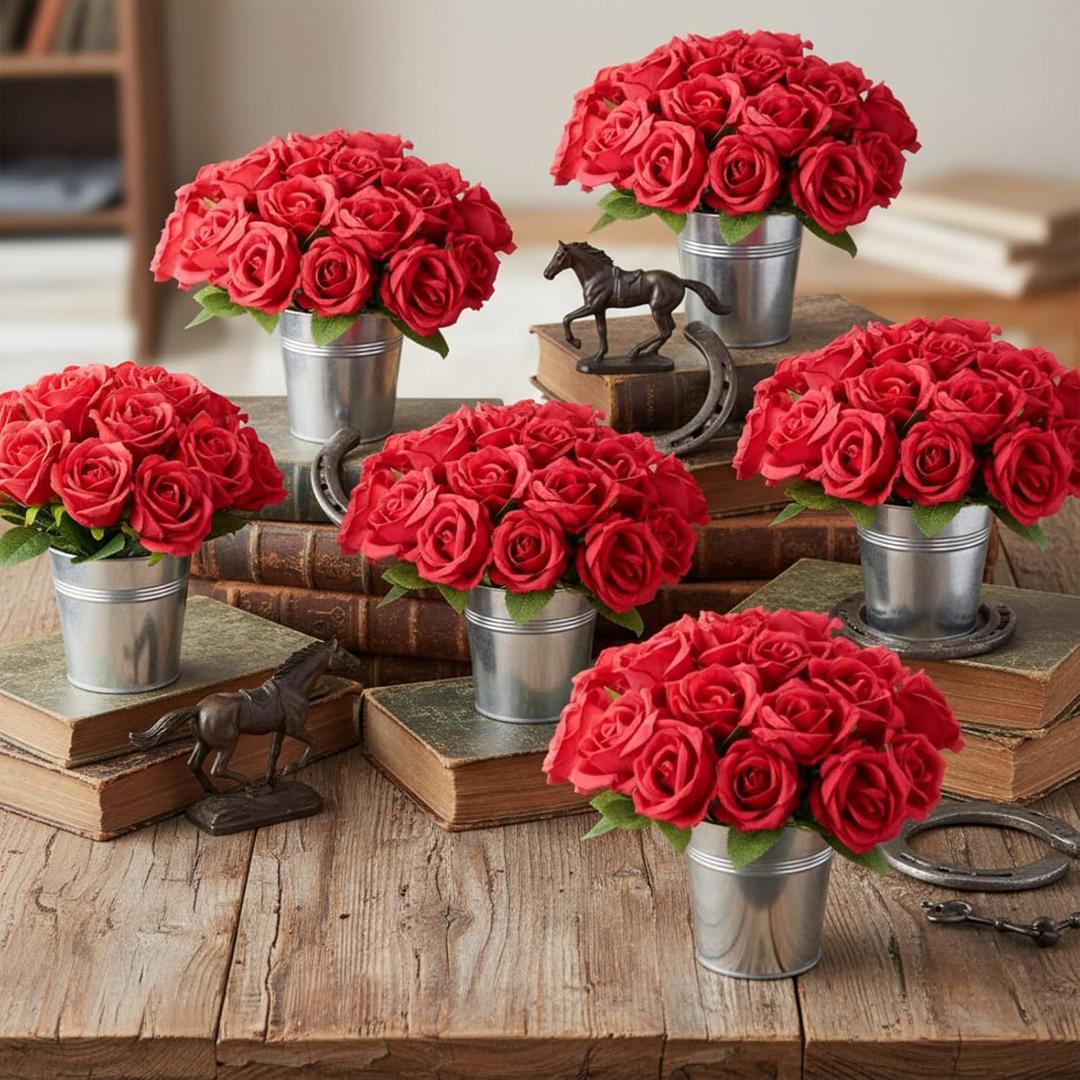 Zhengmy 42 Pcs Derby Day Party Table Decorations the Roses Centerpieces with Simulated Iron Flower Pots for Horse Racing Party Decor Red Rose Racehorse Theme Birthday Tabletop Supplies