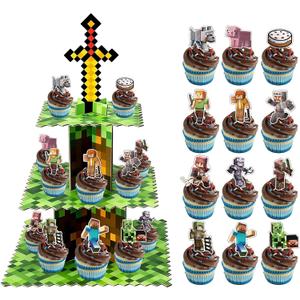 Pixel Cupcake Stand with 24 Pcs Cupcake Toppers, 3-Tier Dessert and Cupcake Holder for Gamer Birthday Party Supplies, Pixel Theme Birthday Decorations.