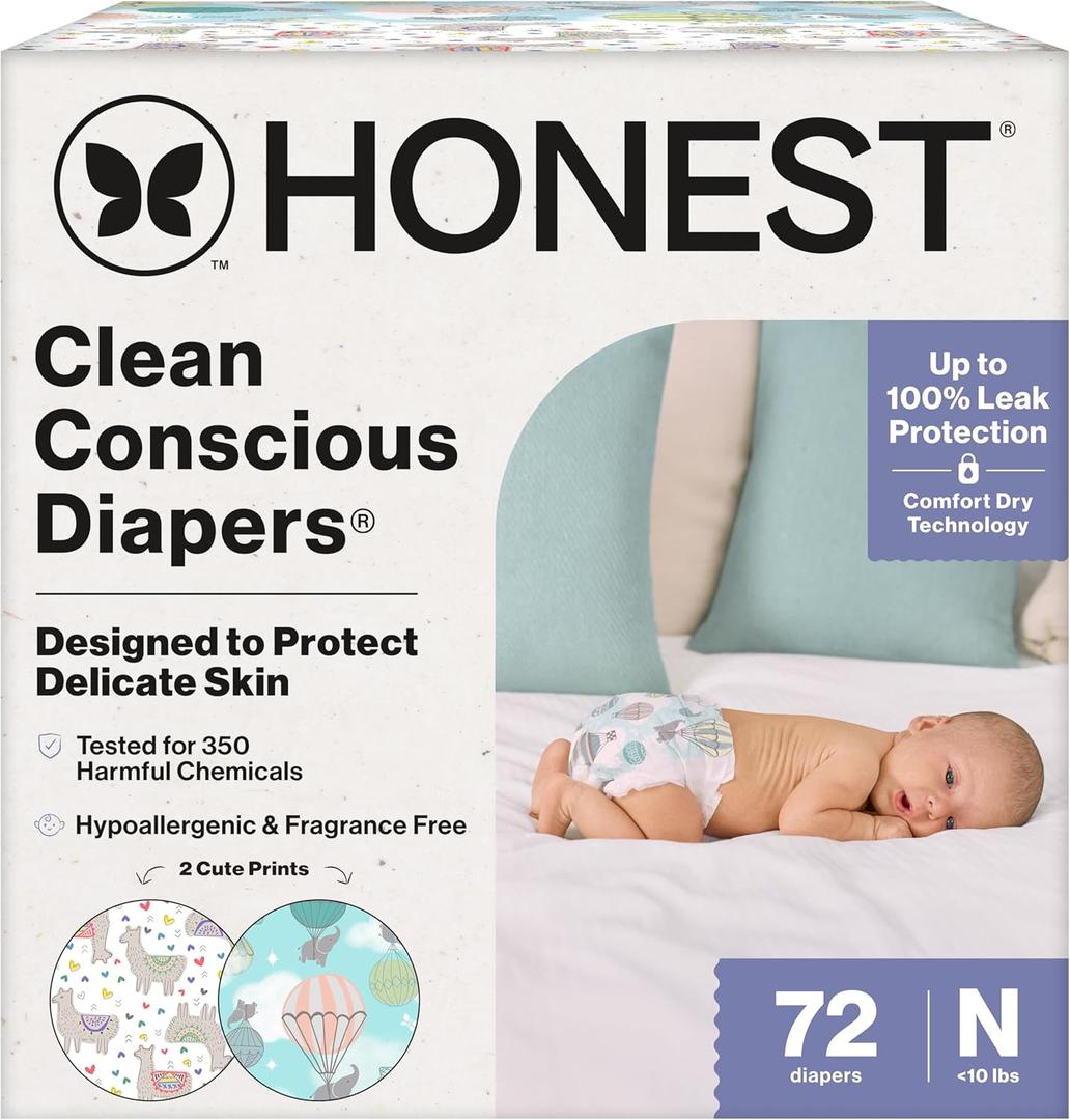 The Honest Company Clean Conscious Diapers for Sensitive Skin | Up to 100% Leakproof | Hypoallergenic, Fragrance Free | Gender Neutral | Club Box, Size Newborn, 72 Count (Prints May Vary)