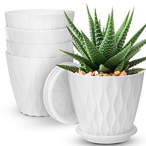 YNNICO 6 inch Plant Pots, 5 Pack Flower Pots Outdoor Indoor, Planters with Drainage Hole and Tray Saucer（White