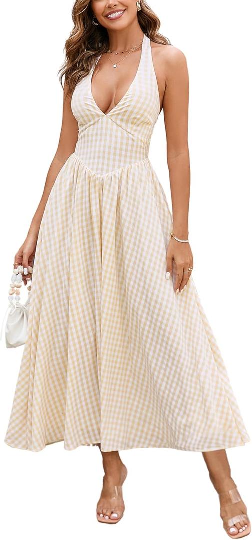 Parthea Women's Summer Midi Dress Smocked Gingham Halter V Neck Sundress Elegant Flowy A Line Beach Long Dresses (4-6, Yellow)