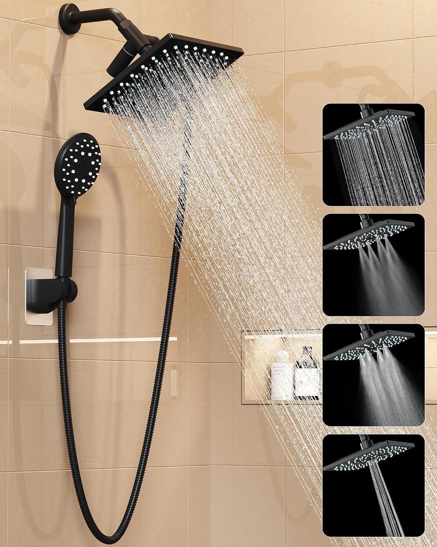 Veken High Pressure Rain Shower Head with Handheld, Multi-Functions Square Rainfall Shower Heads with 5-Mode Handheld Spray Combo, Detachable Hand Held Showerhead, Dual Matte Black Regaderas Para