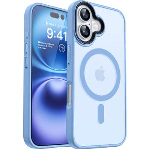 CANSHN Magnetic for iPhone 16 Case [Compatible with MagSafe & MIL-Grade Drop Tested] Slim Translucent Matte Cover, Anti-Scratch Shockproof Phone Case for iPhone 16, Light Blue