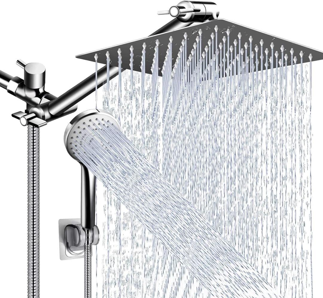 Shower Head Combo,10 Inch High Pressure Rain Shower Head with 11 in Adjustable Extension Arm and 5 Settings Handheld,Powerful Shower Spray Against Low Pressure Water with Long Hose (Chrome)