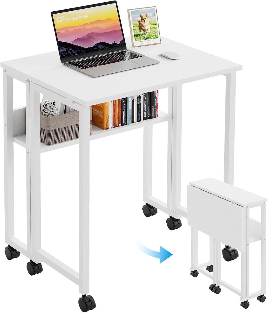 GreenForest Folding Desk with Wheels and Storage Shelf, 24.8 Inch Compact Portable Rolling Desk for Small Spaces, Mobile Foldable Computer Table, Easy Assembly, Pure White