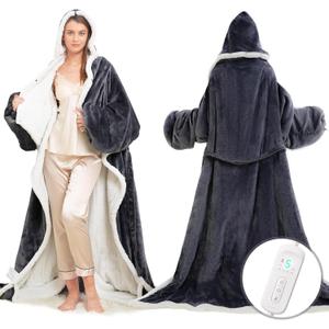 Wearable Heated Blanket with Foot Pocket, Electric Wearable Throw Blanket with Sleeves, Hood, Portable Heated Blanket with 8 Heat Settings, 1-10 Hours Auto Shut-off, Gift for Family, Friends, 50*70"