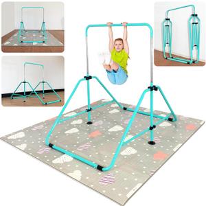 Foldable Gymnastic Bar for Kids Ages 3-9, 9 Height Levels, 200 lbs Weight Capacity, 5 Ft Length Gymnastic Kip Bar with Mat, Gymnastic Equipment for Home and Gym Center Indoor Outdoor Use