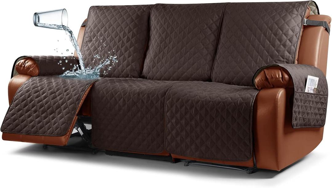 Ruaozz Waterproof Recliner Sofa Cover 1-Piece Couch Covers for Reclining Couches Reclining Sofa Cover Washable Furniture Protector with Elastic Straps Pocket for Kids, Pets (Chocolate, 3 Seater)