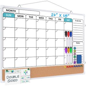 MaxGear Monthly Calendar Whiteboard for Wall, 24" x 18" Double-Sided White Board Calendar with Bulletin Board, Dry Erase Cork Board Combo, Hanging Dry Erase Board for Office Home Kitchen